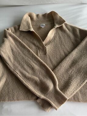 Womens Beige Collared Knit Sweater